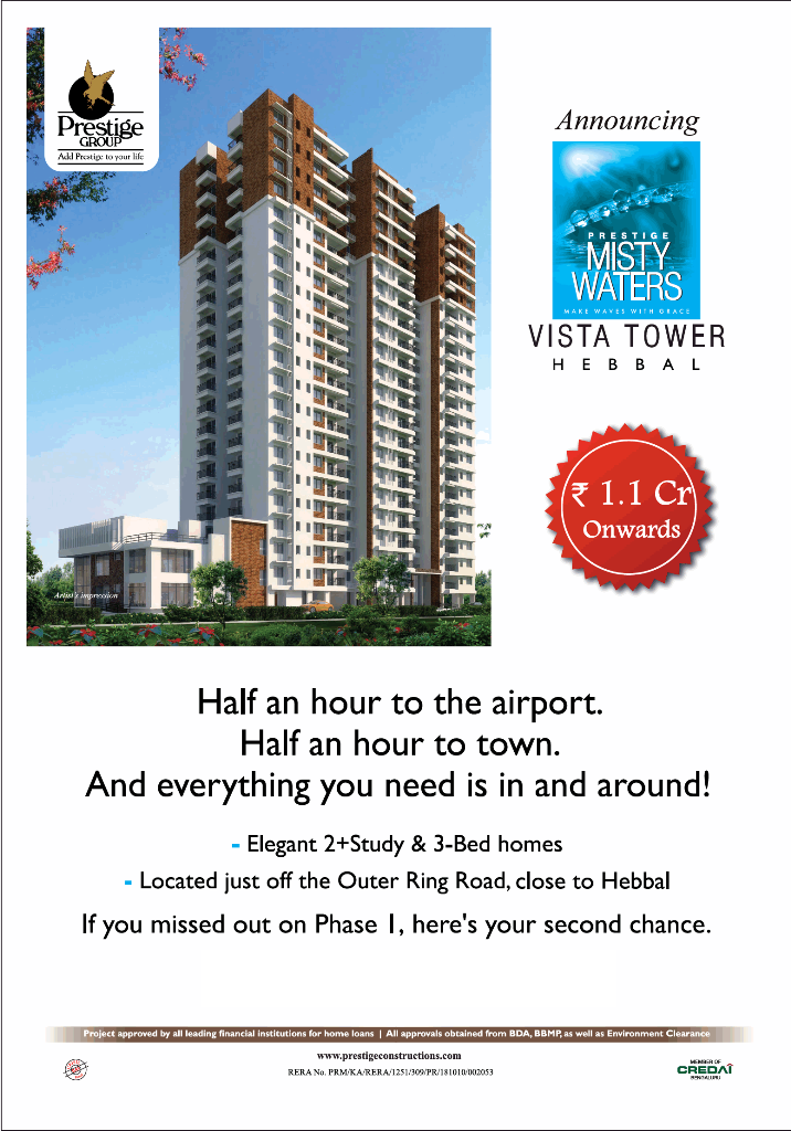 Elegant 2+study and 3 BHK homes at Prestige Misty Waters Vista Tower in